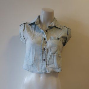 Womens Ruby and Jenna Blue Chambray Rolled Tab Sleeve Button Shirt Top S *